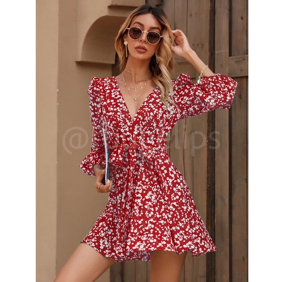 Red Ditsy Floral Print Mini Dress V-Neck Ties 3/4 Puff Sleeve Fit & Flare - Picture 4 of 12